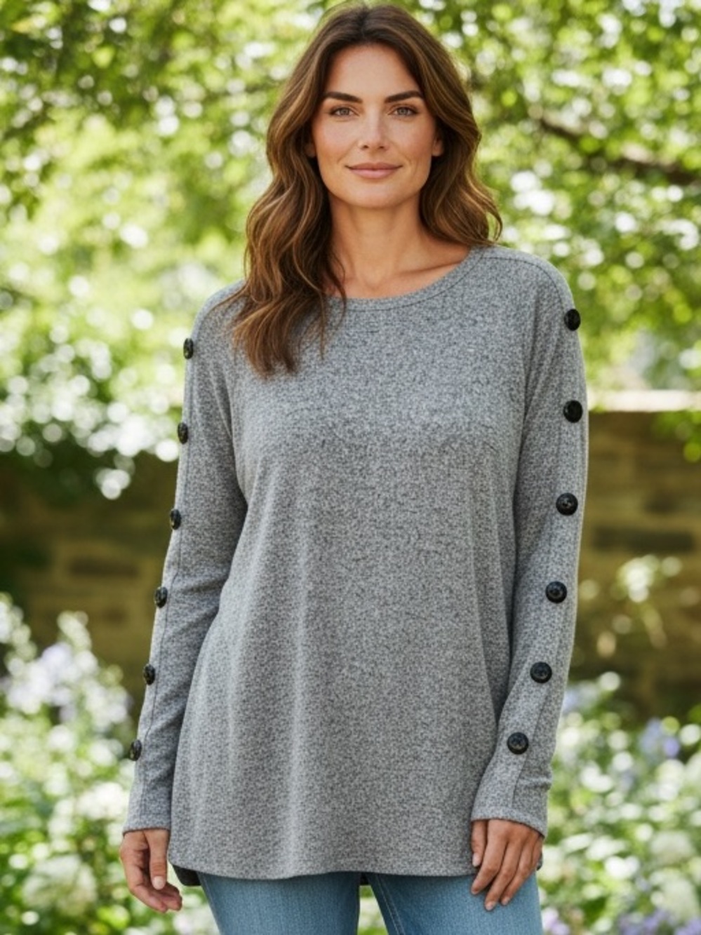 Olivia Blu Gray Button-Accent Women's Sweater Top
